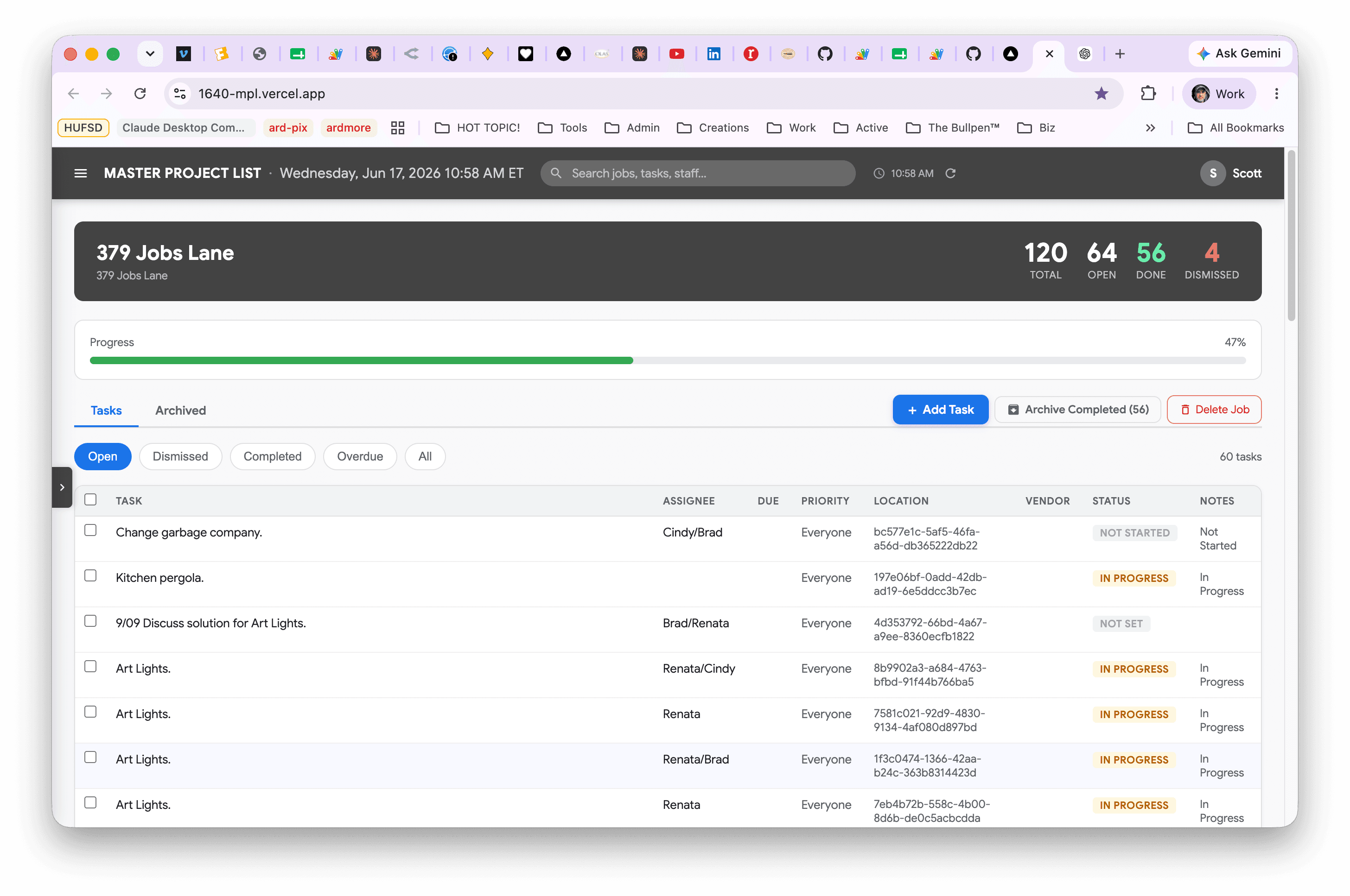 Live Master Project List job view with task filters and progress